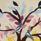 Tree with colorful leaves and birds on a beige background