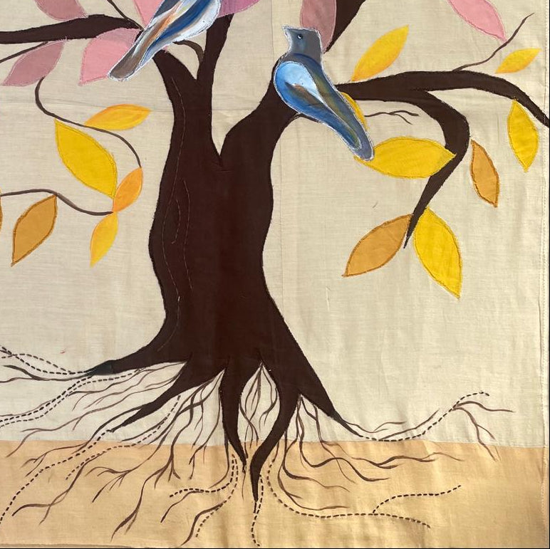 Tree with colorful leaves and birds on a beige background