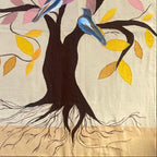 Tree with colorful leaves and birds on a beige background