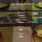 Floral patterned fabric with cotton table runner on a table.