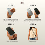 Step-by-step guide on how to use a phone case with charging pad, featuring hands and a person with a phone case.