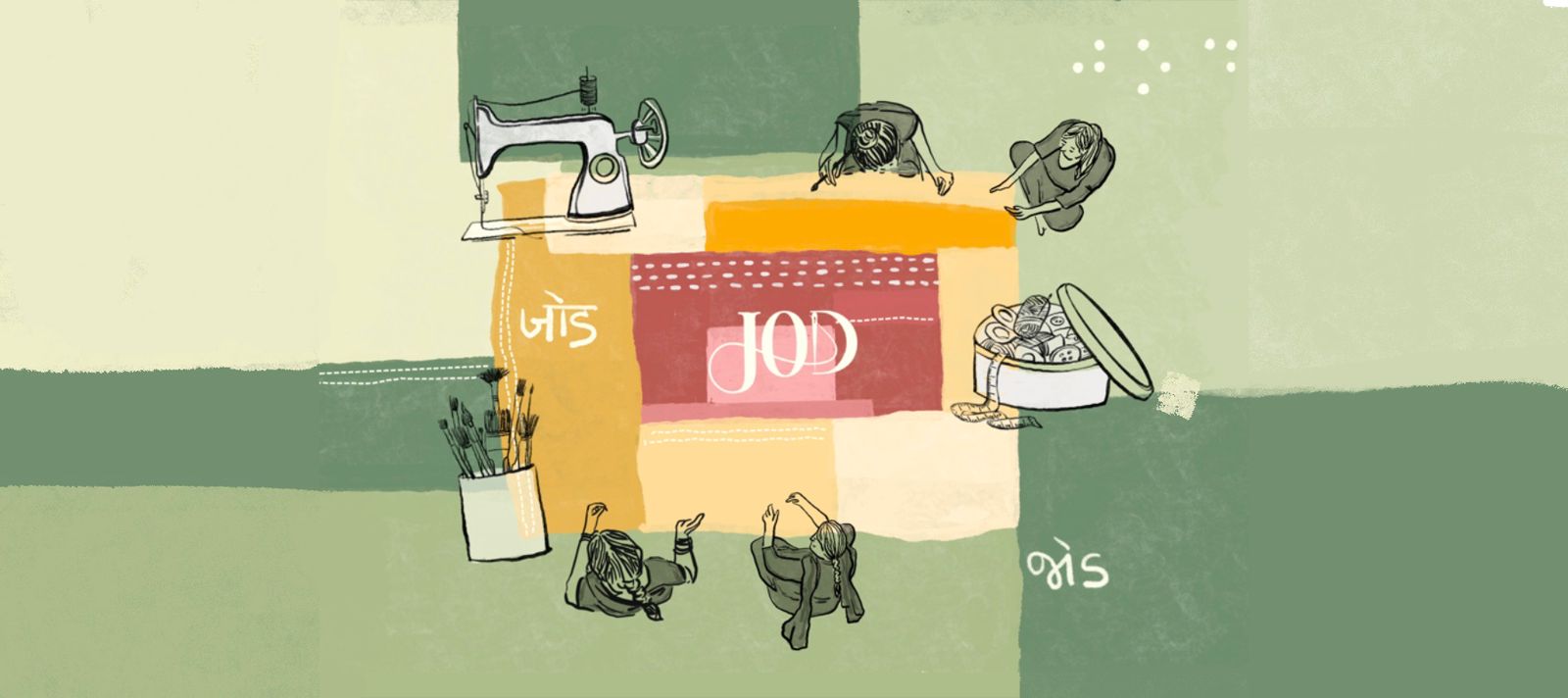 Illustration of a sewing table with a quilt, sewing machine, and various sewing tools on a green background - JOD