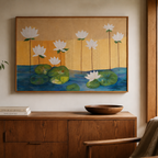 Room interior with a wooden sideboard, vase, books, and a painting of lilies on the wall.