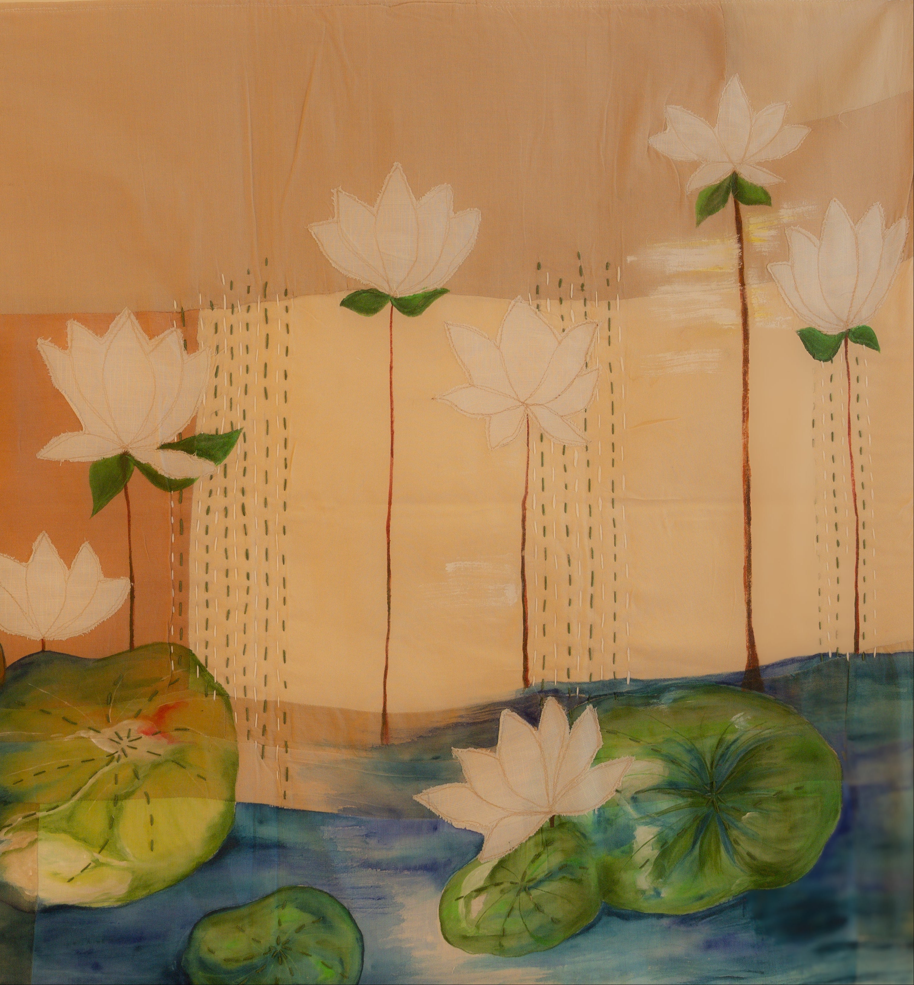 Artistic depiction of water lilies and lotus flowers with a textured background.