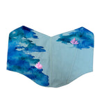 Hand-painted Corset top with blue water design and pink flowers on the surface
