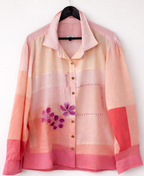 Handmade cotton patchwork shirt in peach and pink with floral embroidery