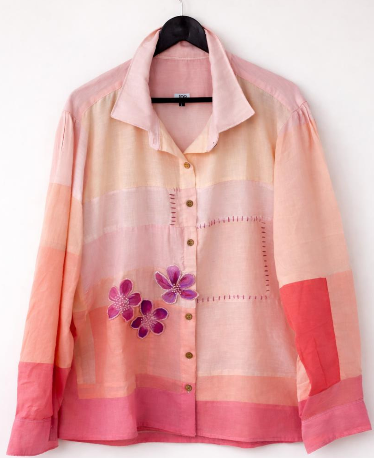Handmade cotton patchwork shirt in peach and pink with floral embroidery