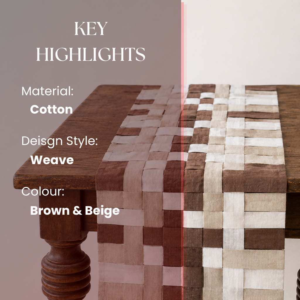 Woven cotton table runner on a wooden table with material, design style, and color details.